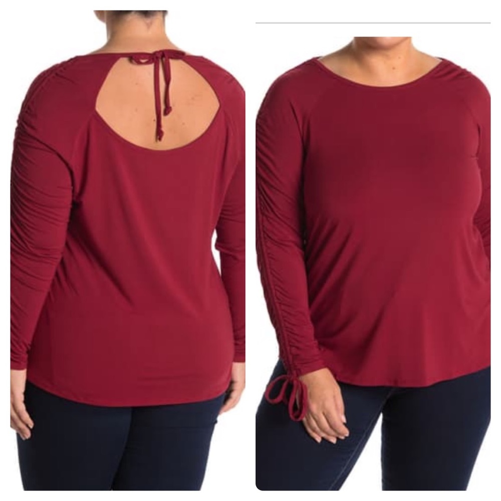 Maree Pour Toi ruched long sleeve top back keyhole in red sizes 16W & 18W